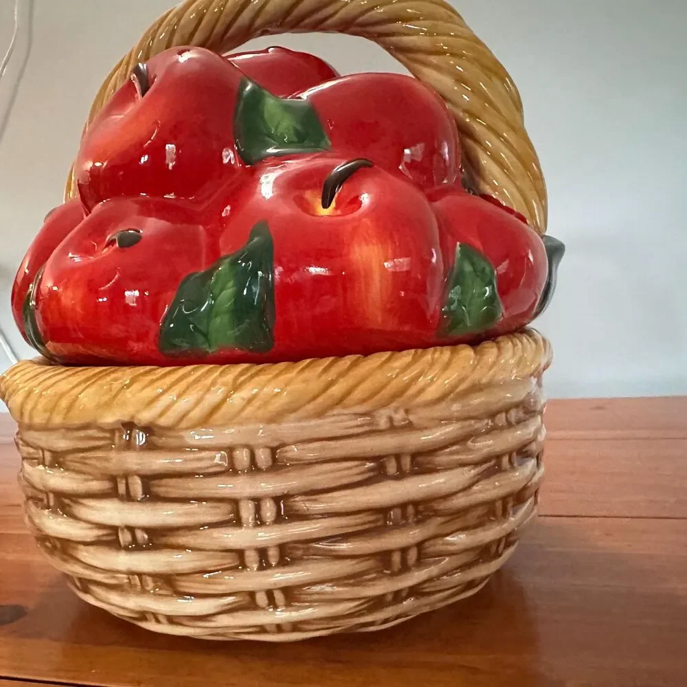 Vintage Ceramic Apple Basket Cookie Jar 1980s Hand Painted Fruit Canister Farmho